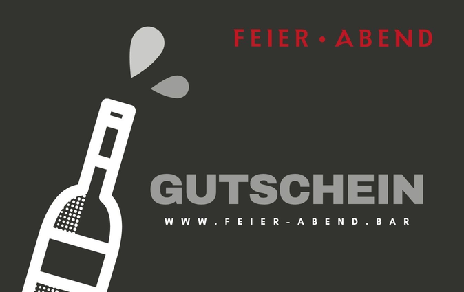 Gutschein der Feier·Abend Bar: dunkle Karte mit einer weißen Weinflasche und dem Schriftzug Gutschein